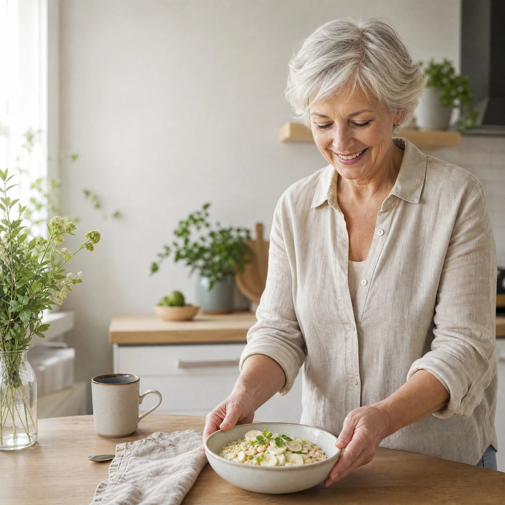 Präbiotische Lebensmittel im Alltag: Frau mit Hafer-Bananen-Bowl