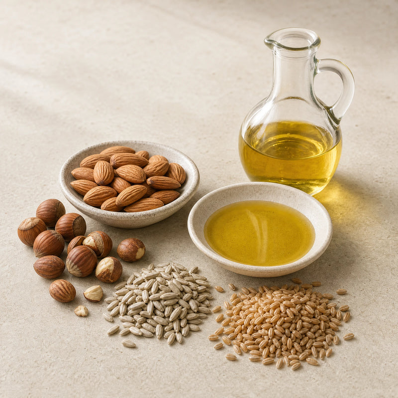 Vitamin E Lebensmittel – text 2; Food-First-Motiv mit frischen Lebensmitteln und Sprossen
