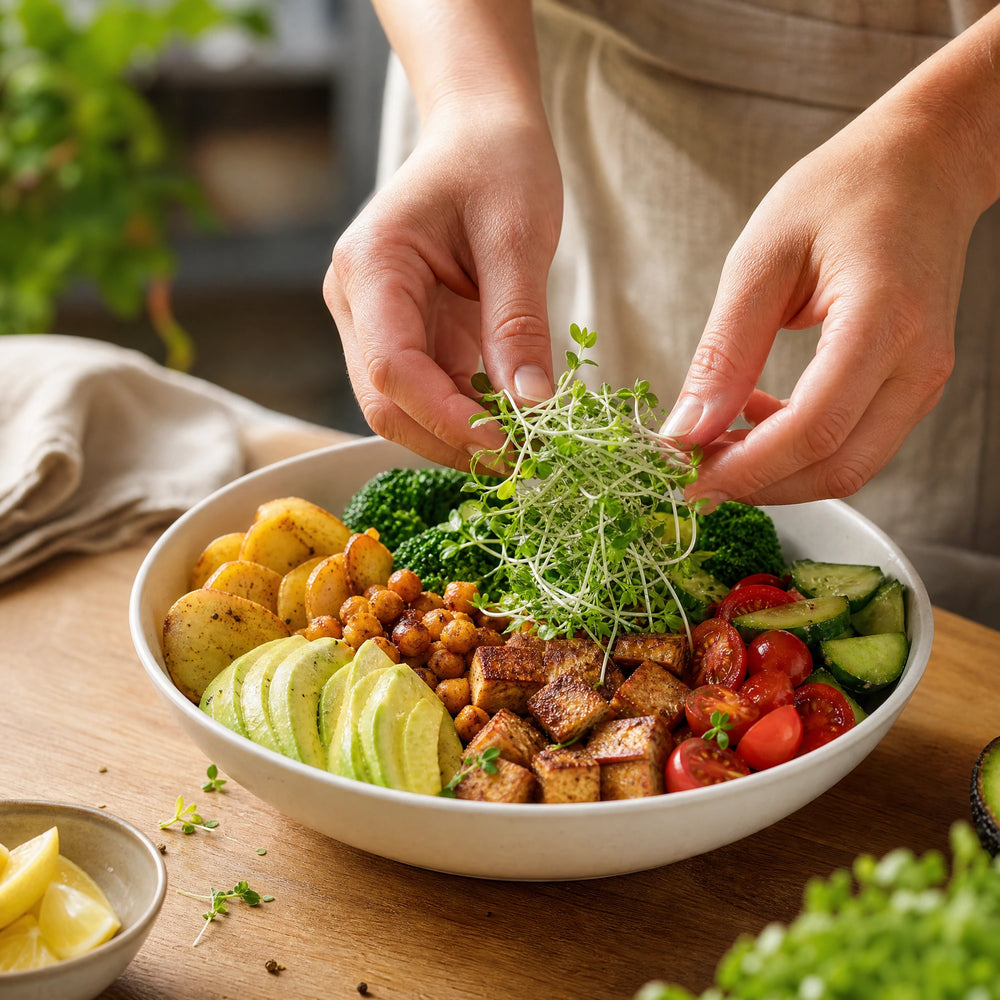 Kohlenhydratarme Lebensmittel – Food-First-Bild für Inhaltsabschnitt 4; gemüsebetonte Mahlzeit mit frischen Brokkoli-Sprossen