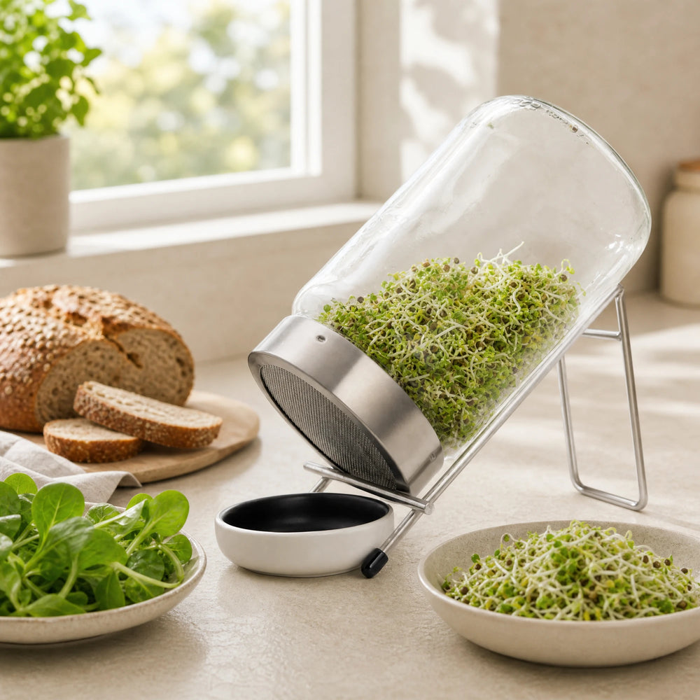 Folsäure Lebensmittel – text 6; Food-First-Motiv mit frischen Lebensmitteln und Sprossen