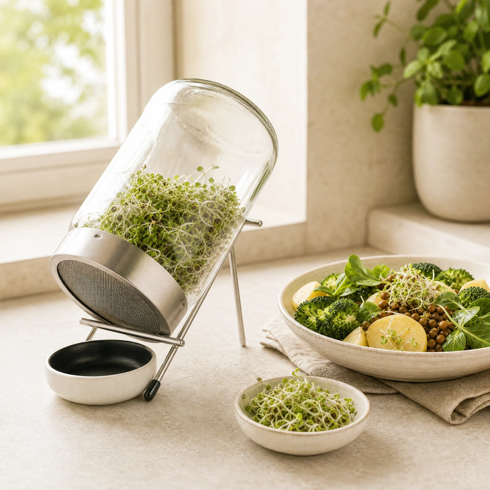 Kalium Lebensmittel – text 6; Food-First-Motiv mit frischen Lebensmitteln und Sprossen